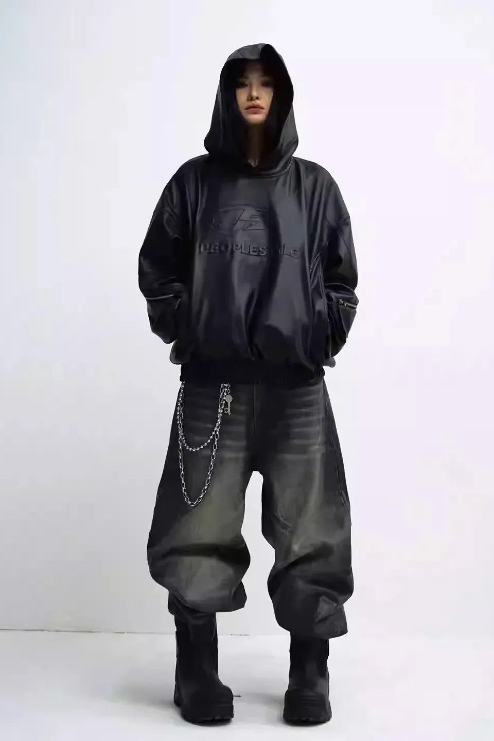3D Embossed Faux Leather Hoodie