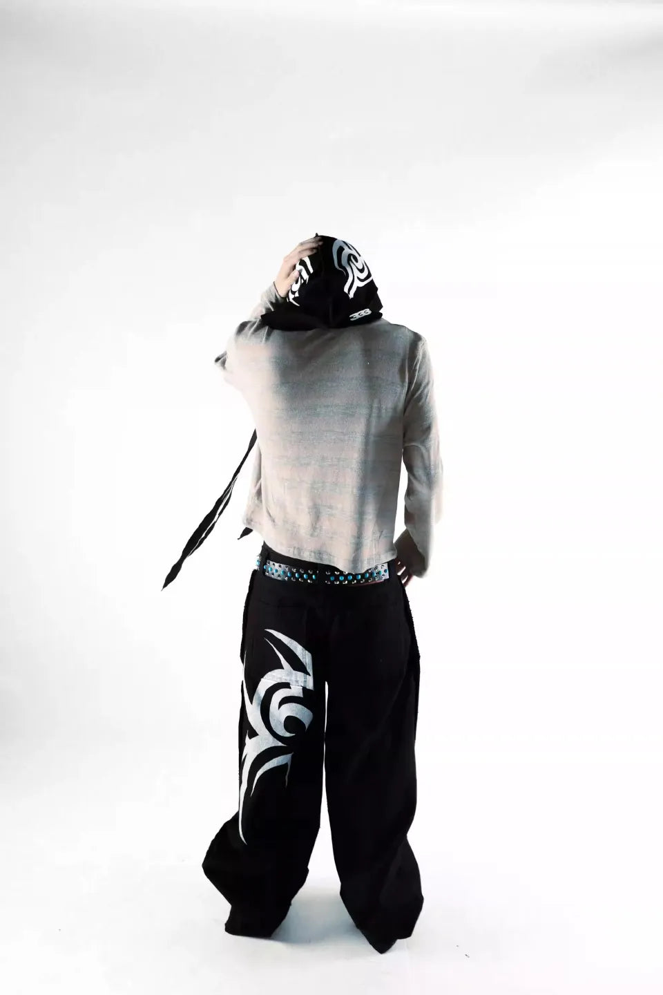 3MAN0N Totem Print Reverse Black Washed Loose Baggy Jeans