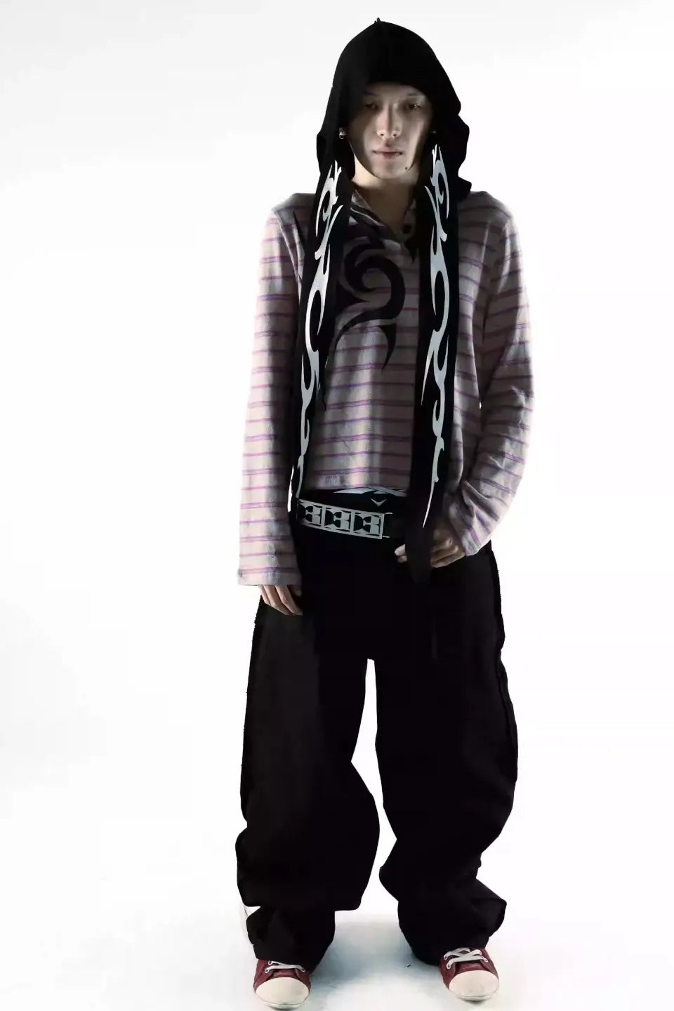 3MAN0N Totem Print Reverse Black Washed Loose Baggy Jeans