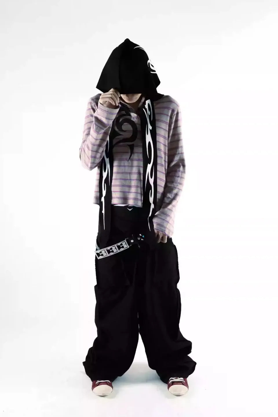 3MAN0N Totem Print Reverse Black Washed Loose Baggy Jeans