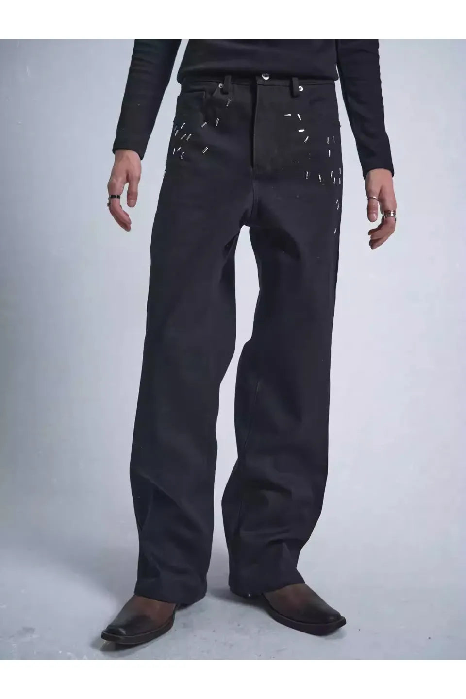 Black Loose Straight Leg 150Z Raw Denim Jeans with Studs