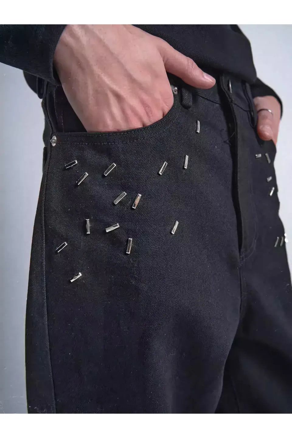 Black Loose Straight Leg 150Z Raw Denim Jeans with Studs