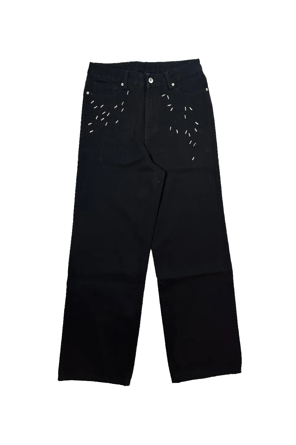 Black Loose Straight Leg 150Z Raw Denim Jeans with Studs