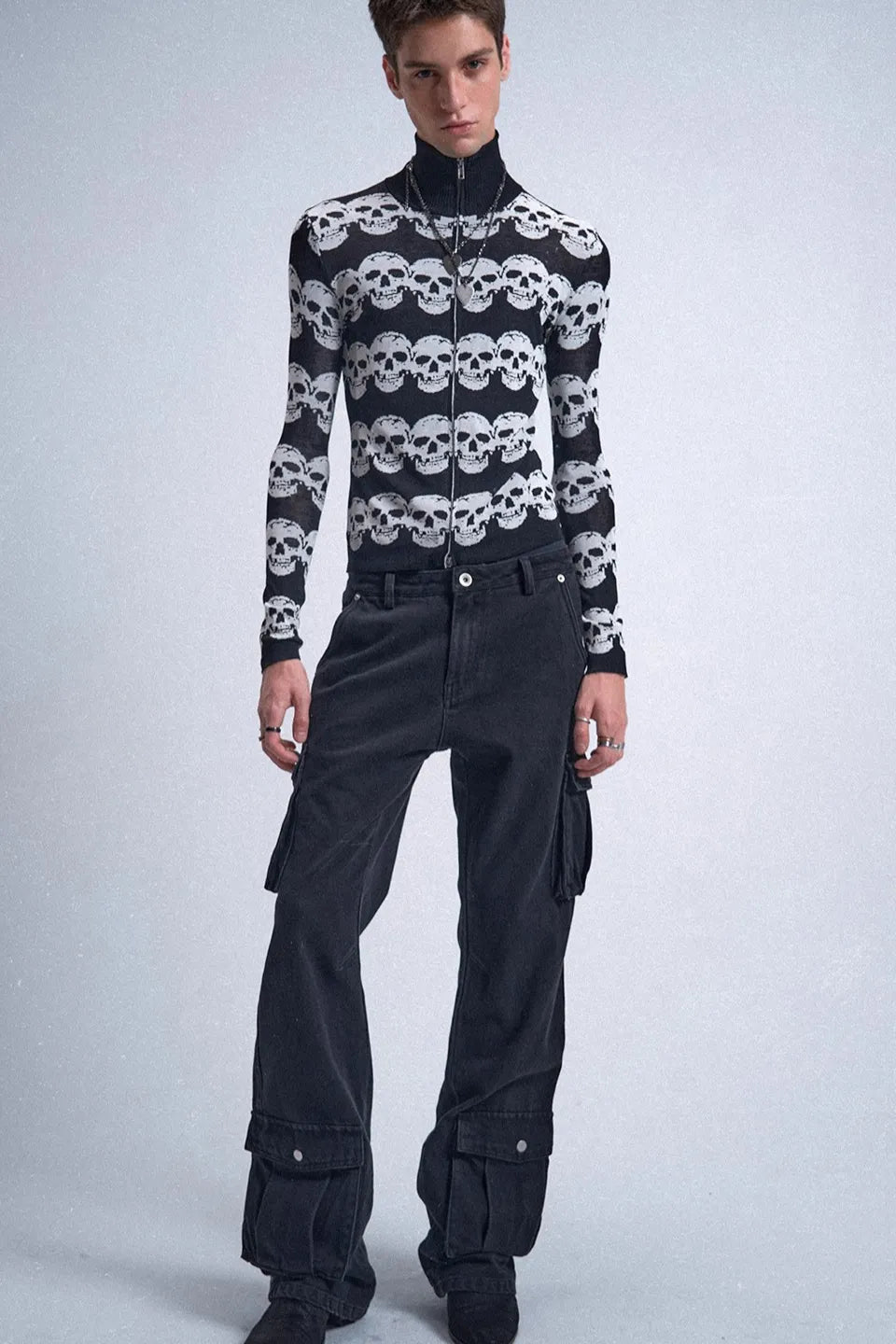 Black and White Skull Striped Jacquard Wool Double Zipper Fit Cardigan Jacket