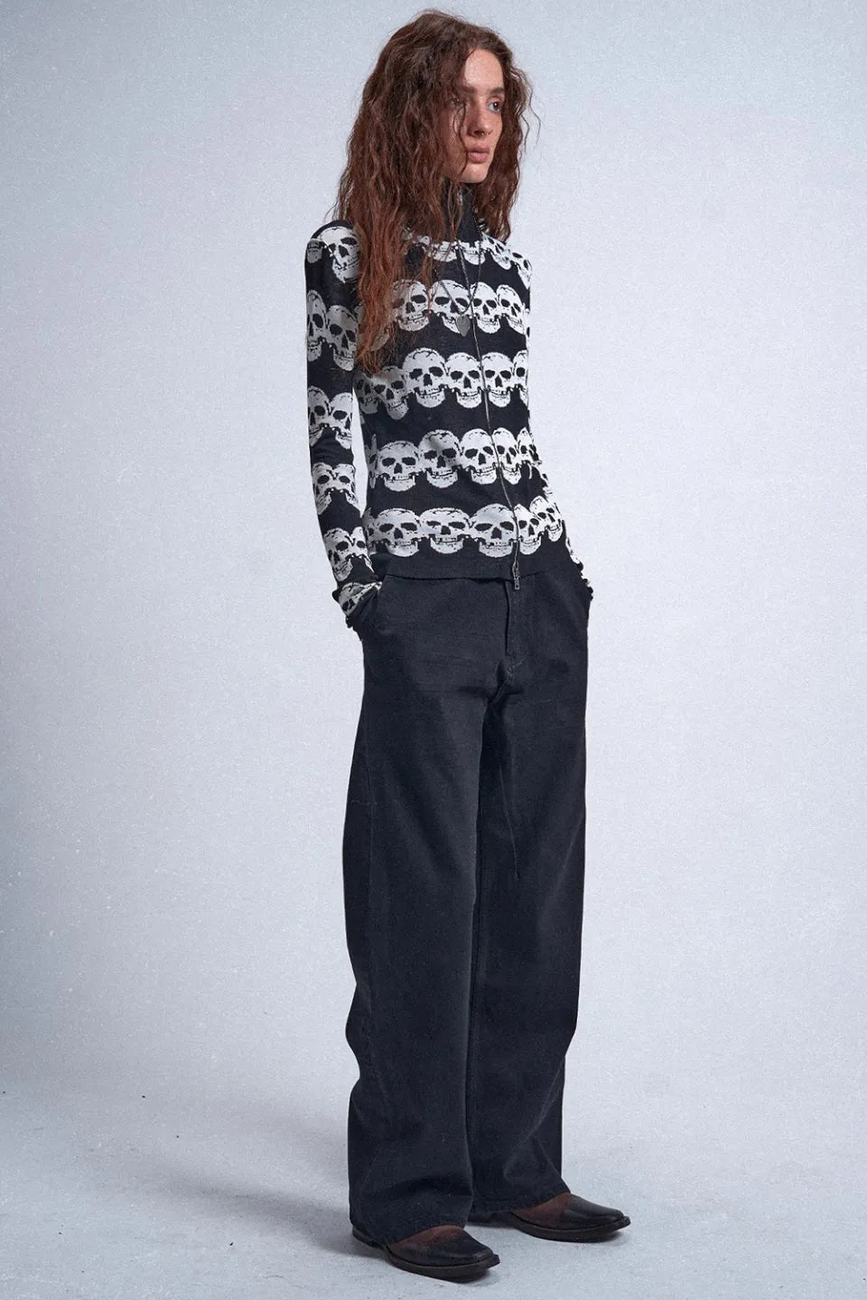 Black and White Skull Striped Jacquard Wool Double Zipper Fit Cardigan Jacket