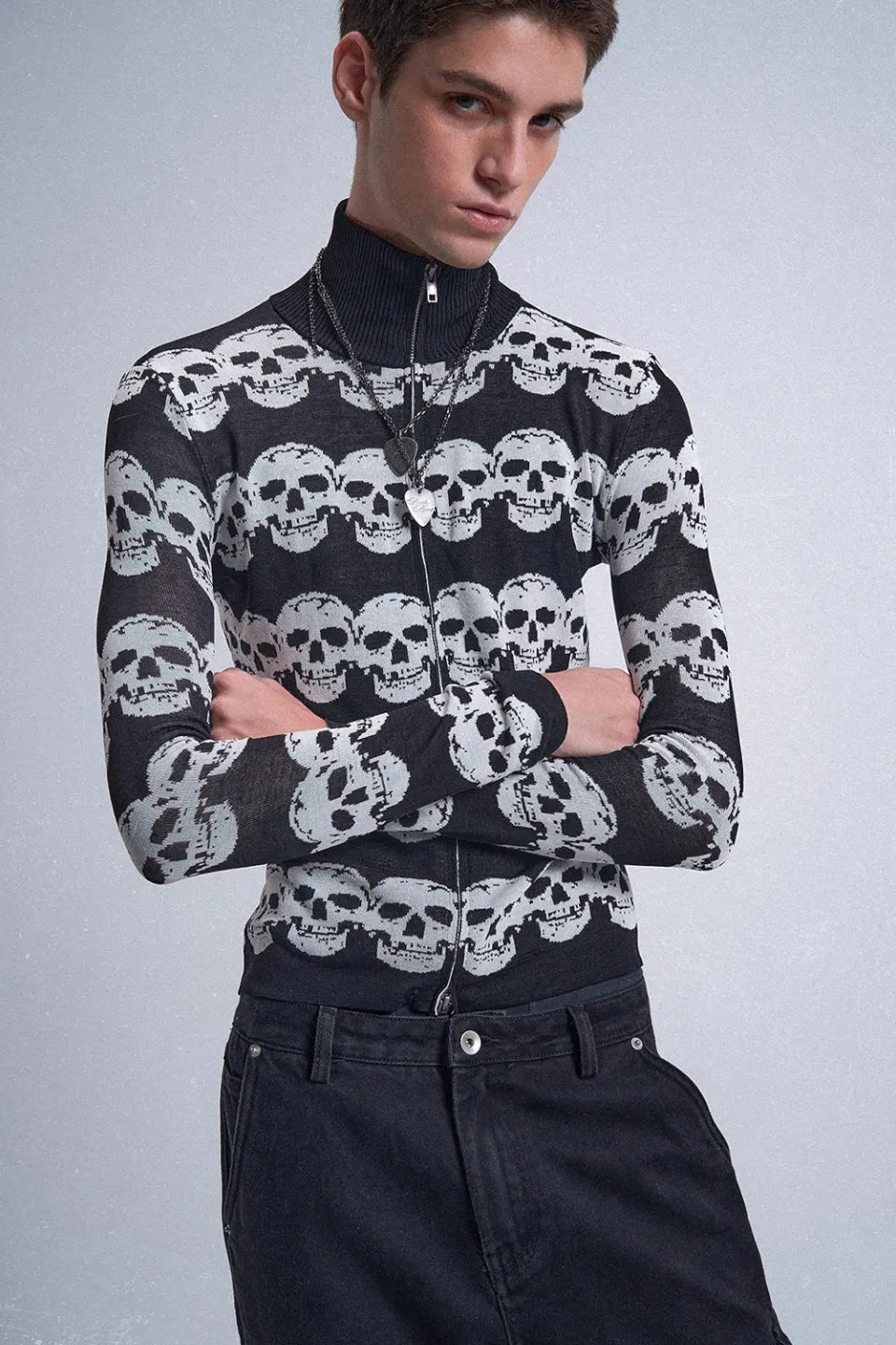 Black and White Skull Striped Jacquard Wool Double Zipper Fit Cardigan Jacket