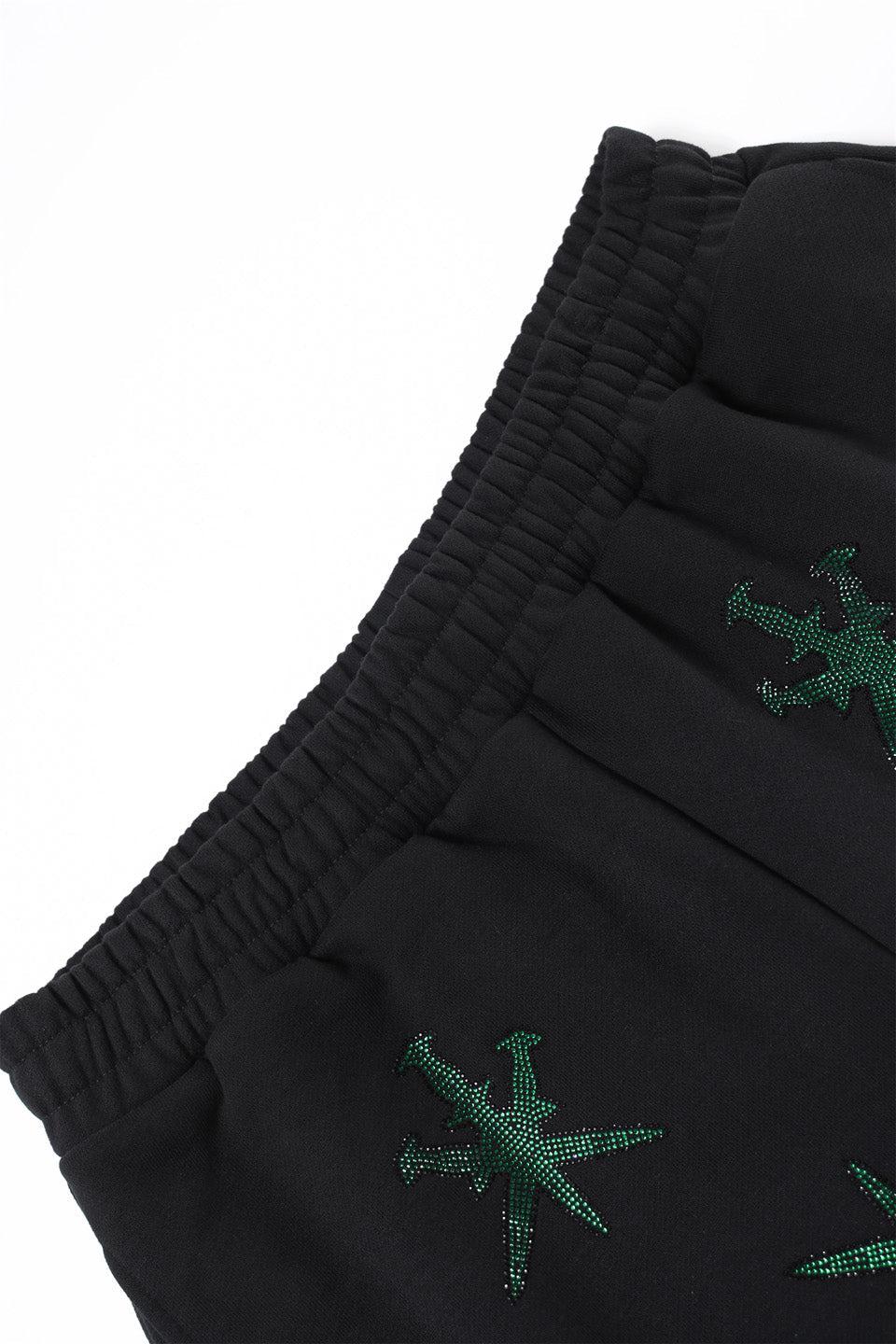 Black with Green Dagger Rhinestone Shorts