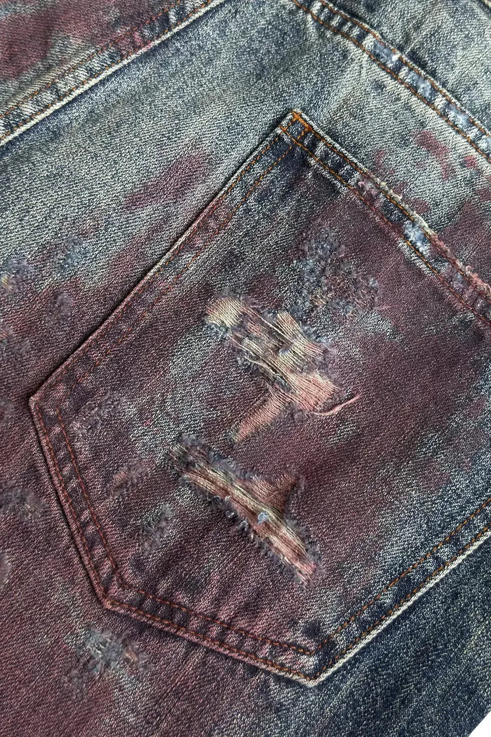 Blood Splatter Hand Rubbed Cutout Indigo Jeans