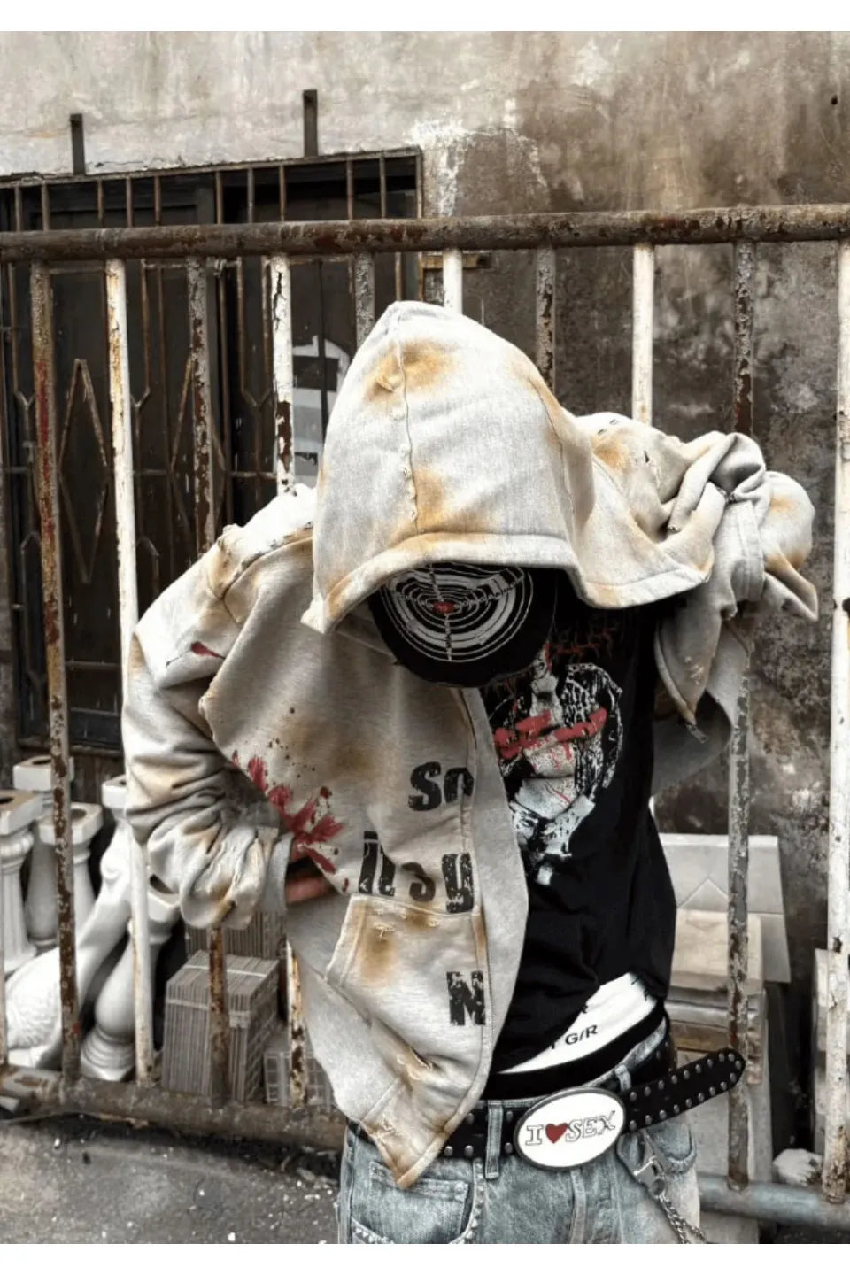 Bloodstain Washed Distressed Zip Hoodie