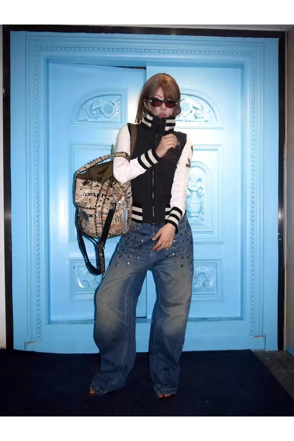 Blue Distressed Whisker Wash Baggy Loose Straight Jeans with Square Nails