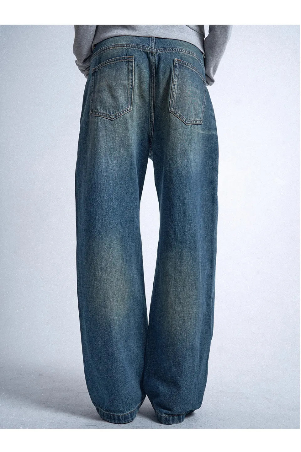 Blue Distressed Whisker Wash Baggy Loose Straight Jeans with Square Nails