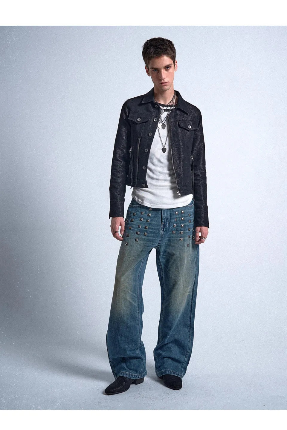 Blue Distressed Whisker Wash Baggy Loose Straight Jeans with Square Nails