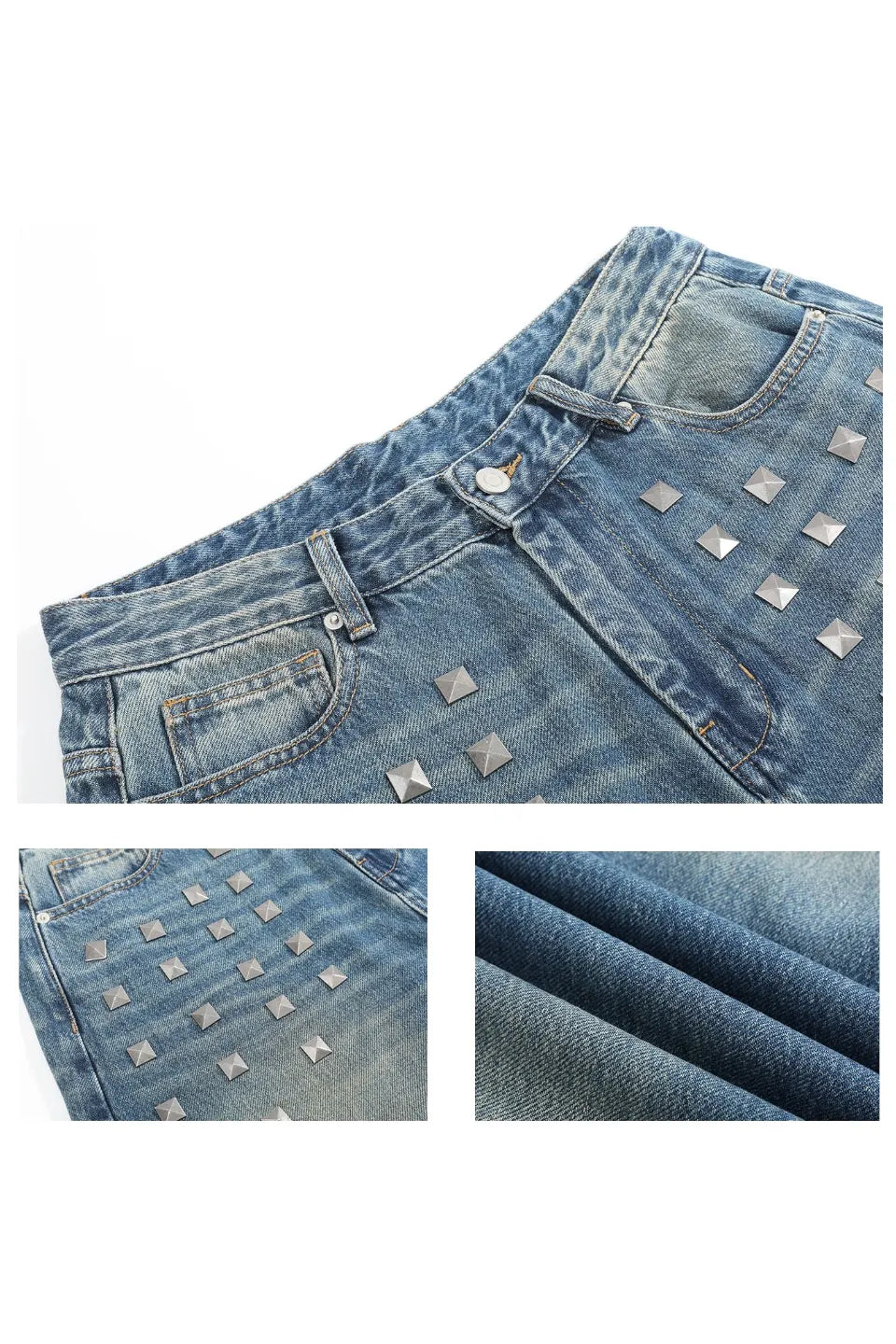 Blue Distressed Whisker Wash Baggy Loose Straight Jeans with Square Nails