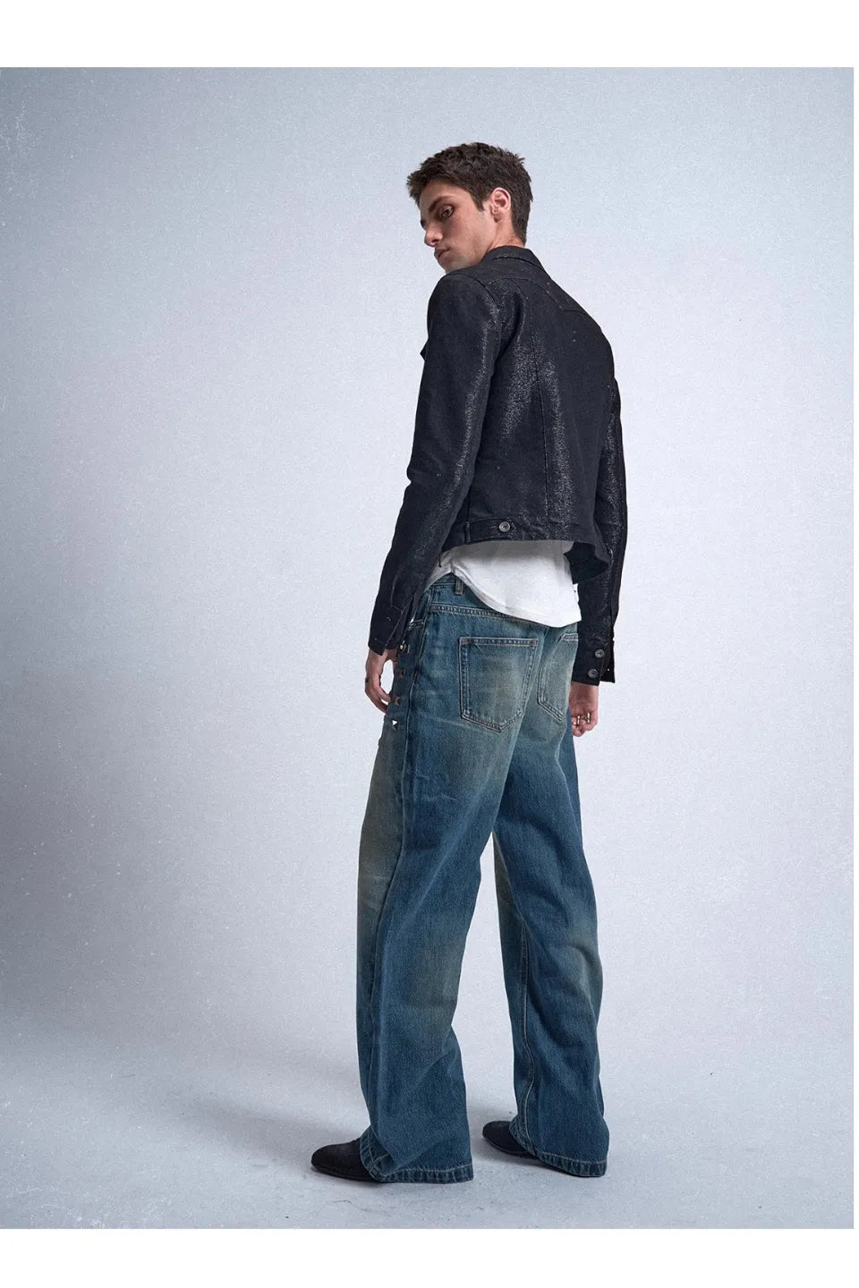 Blue Distressed Whisker Wash Baggy Loose Straight Jeans with Square Nails