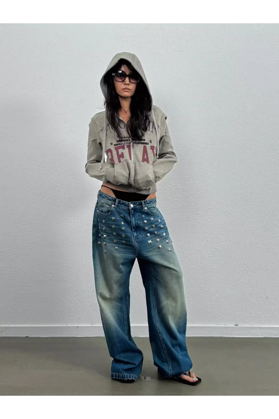 Blue Distressed Whisker Wash Baggy Loose Straight Jeans with Square Nails