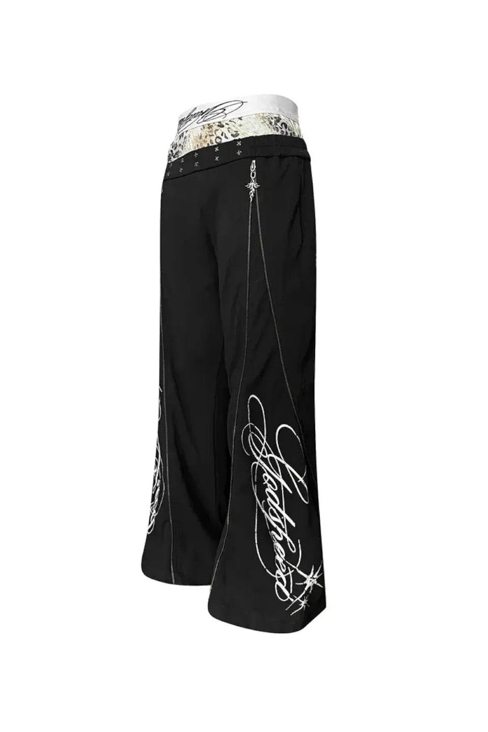 Calligraphy Leopard Double Waistband Side Zip Flared Sweatpants