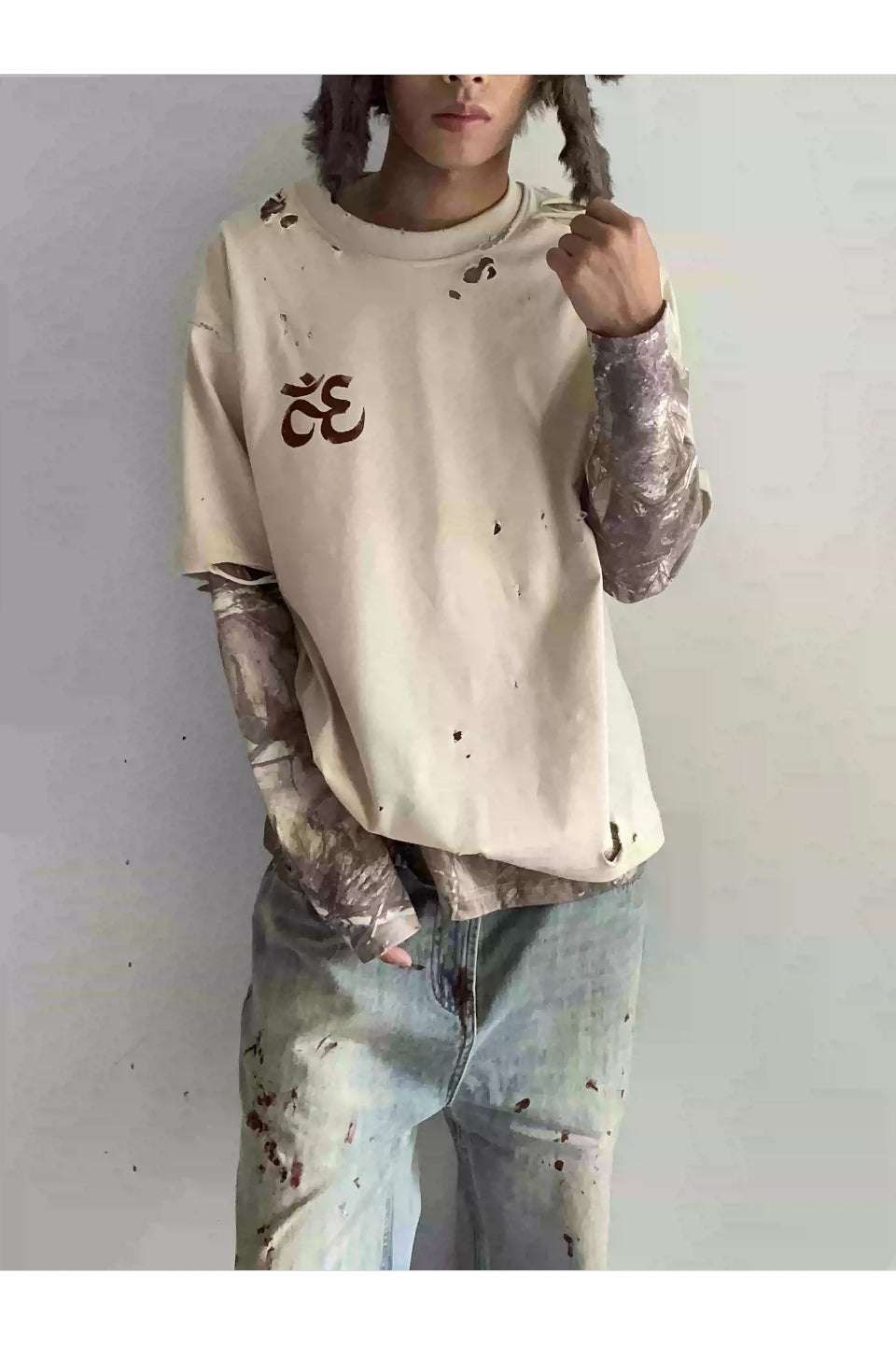 Color Blocked Distressed Layered Long Sleeve Tee