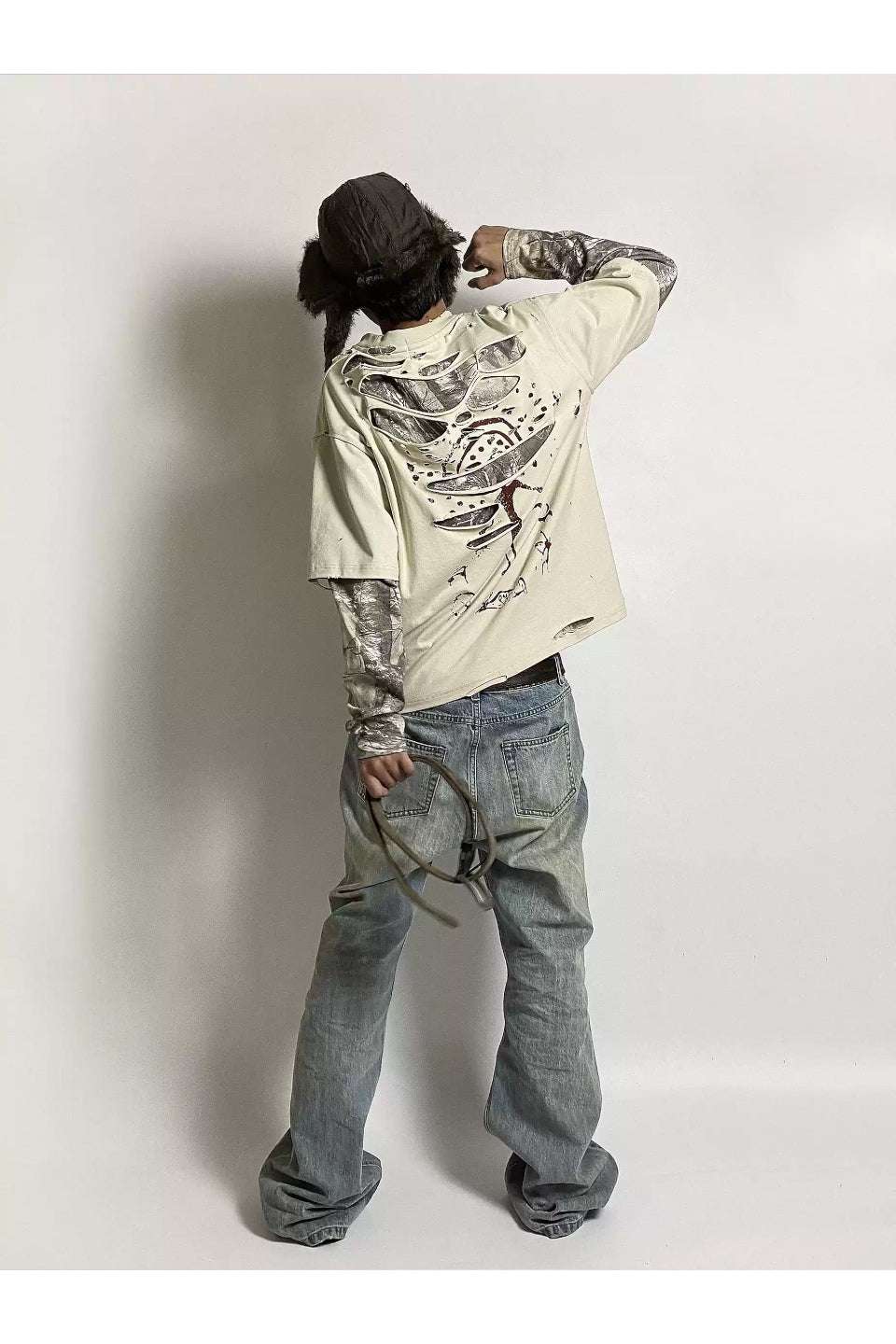 Color Blocked Distressed Layered Long Sleeve Tee