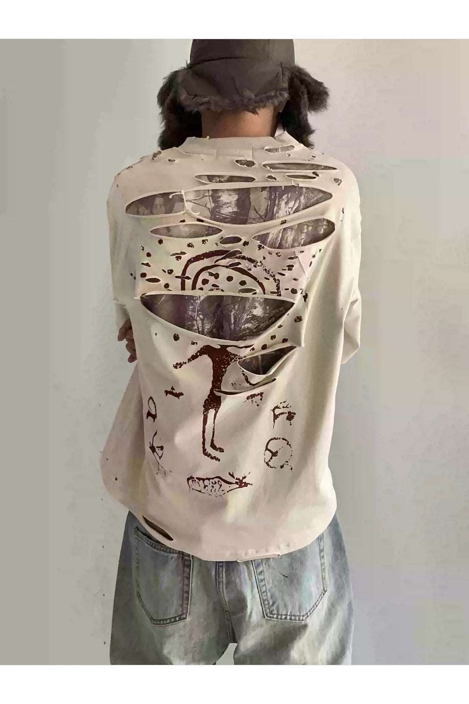 Color Blocked Distressed Layered Long Sleeve Tee