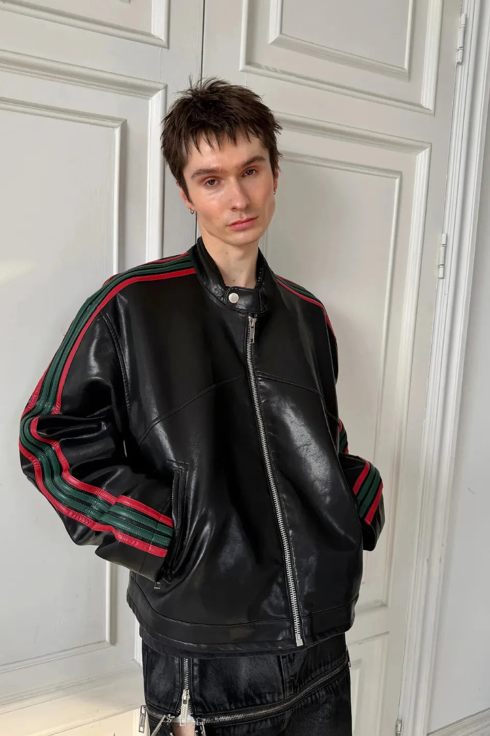 Color Block Striped Structured Leather Jacket