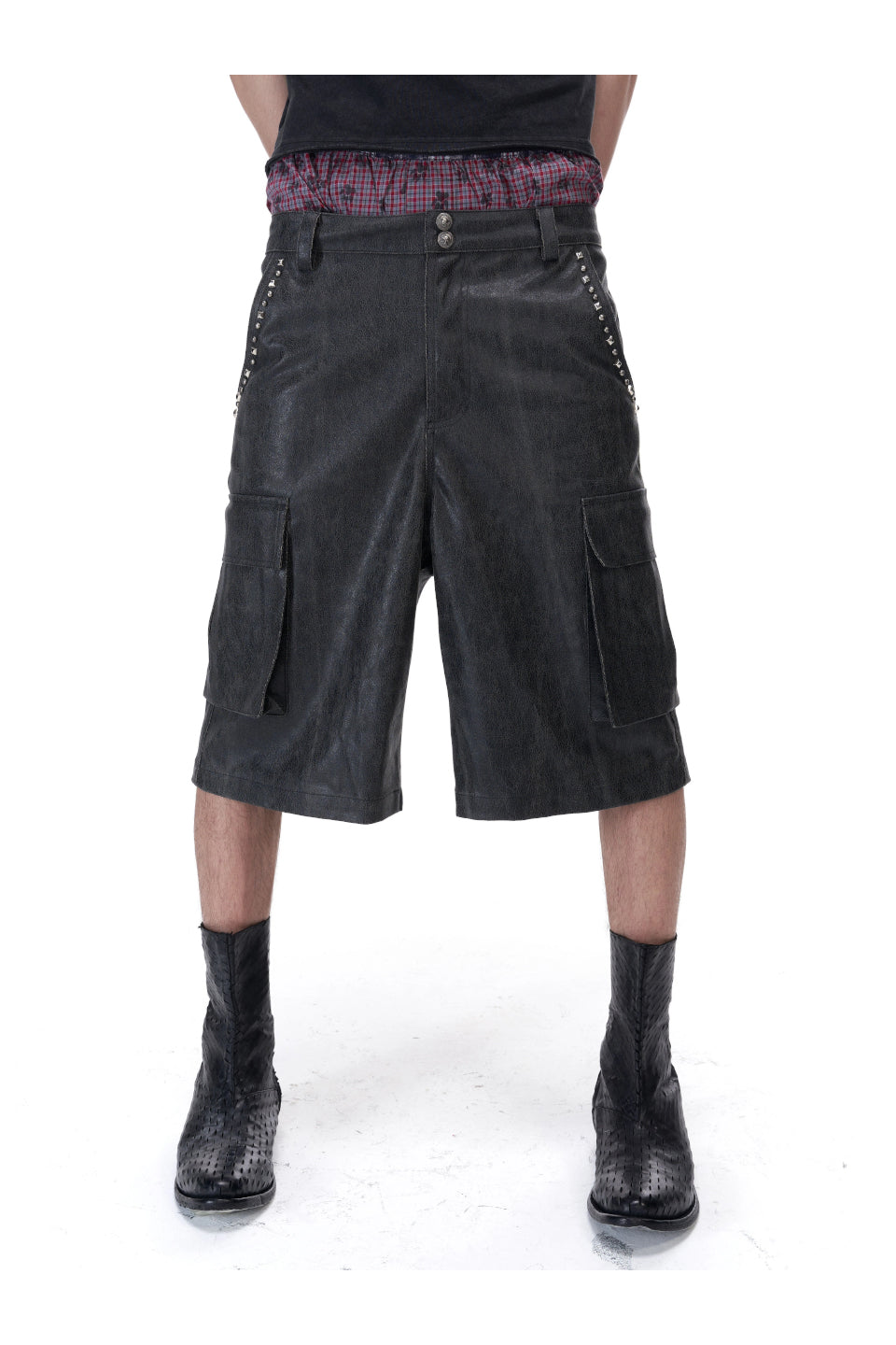 Cracked Faux Leather Distressed Studs Cargo Shorts