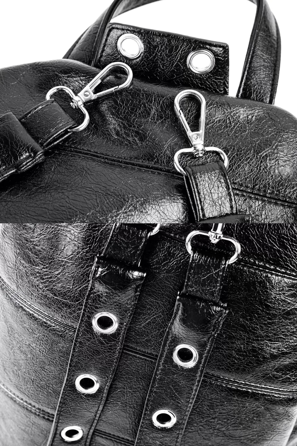 REBEL WAVE バックパックの詳細。重厚なメタルバックルと、クラックレザー、パーフォレーション加工のコントラスト