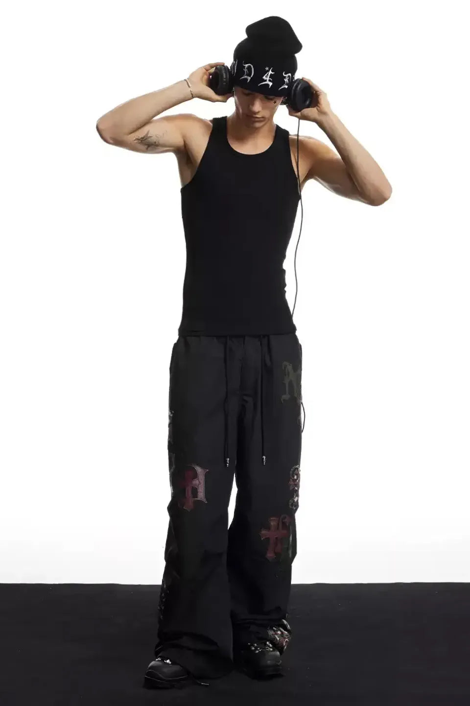 Cross Leather Patch Wide Track Pants