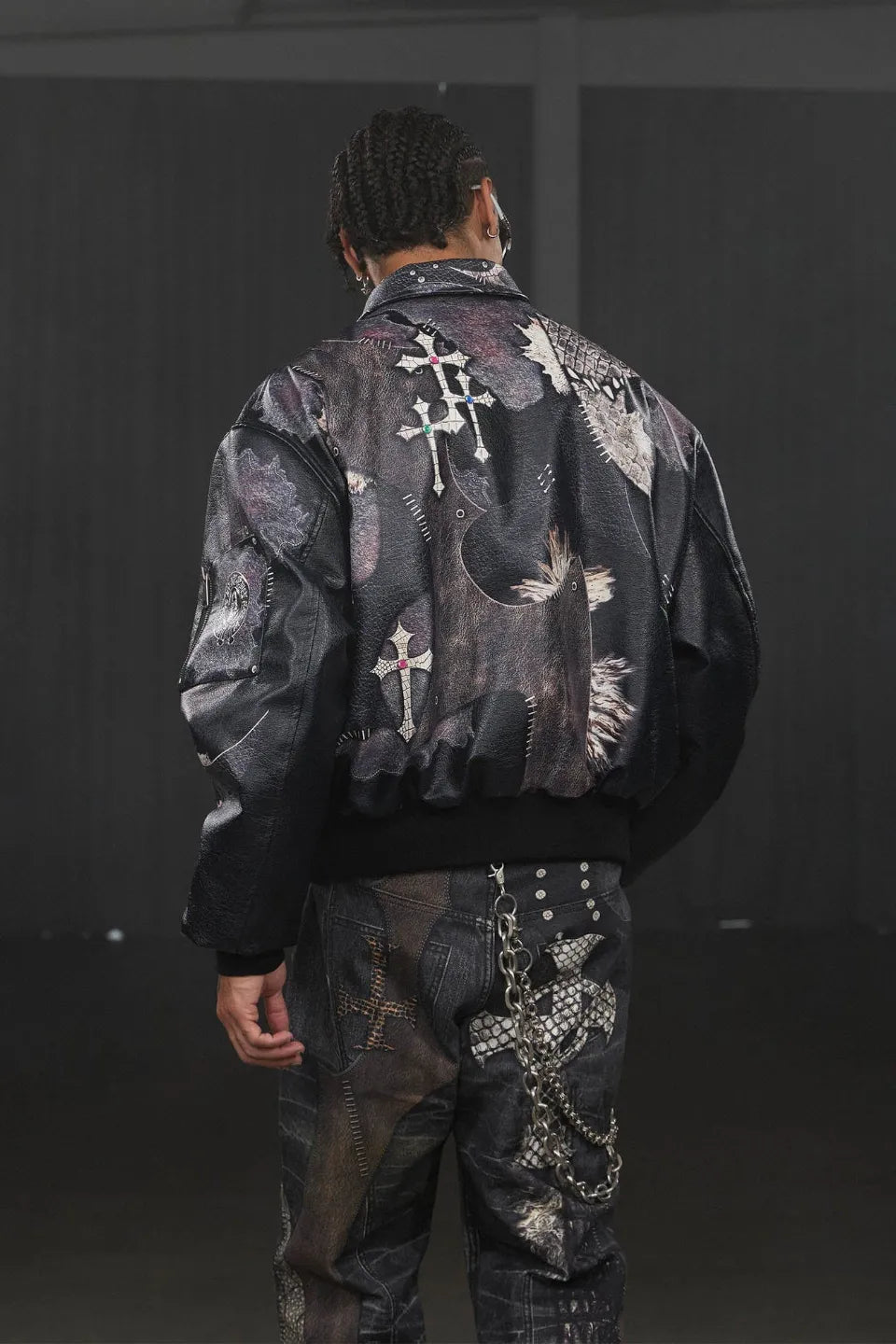 Cross Spliced Pythonskin Faux Leather Puffer Jacket