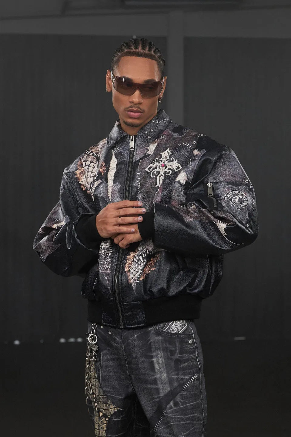 Cross Spliced Pythonskin Faux Leather Puffer Jacket