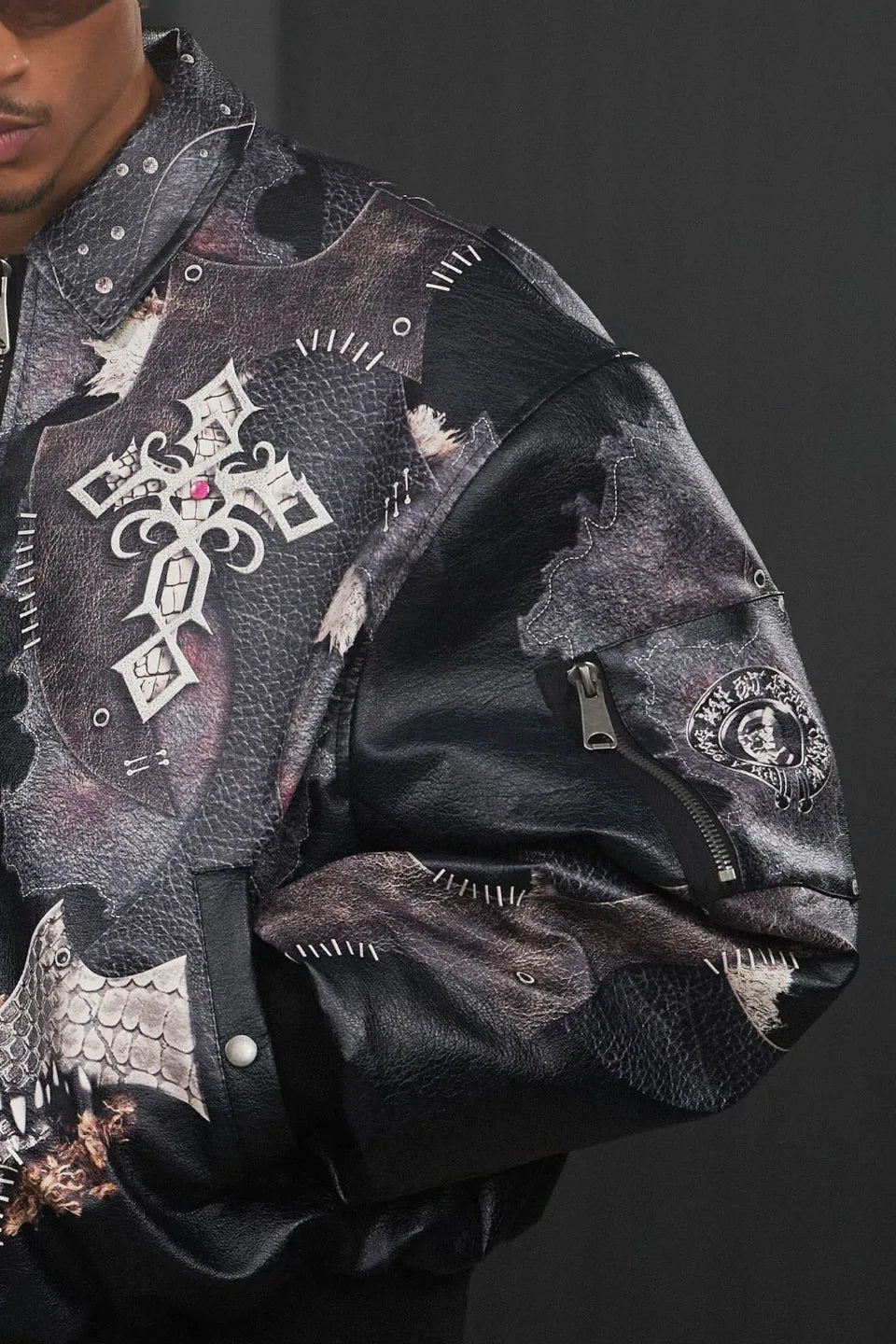 Cross Spliced Pythonskin Faux Leather Puffer Jacket