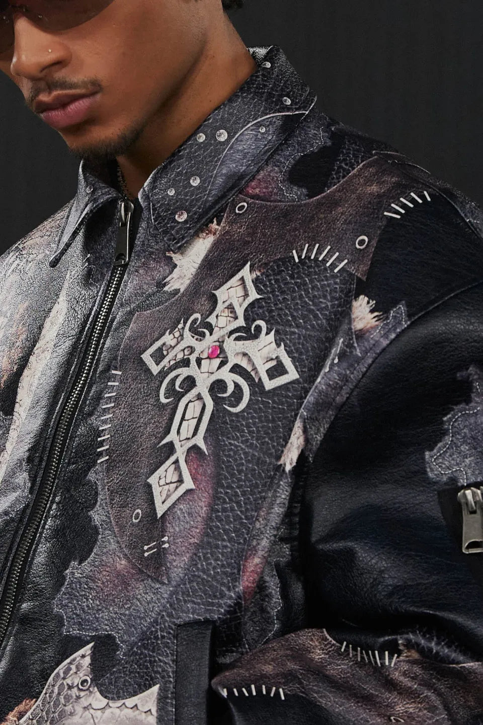 Cross Spliced Pythonskin Faux Leather Puffer Jacket