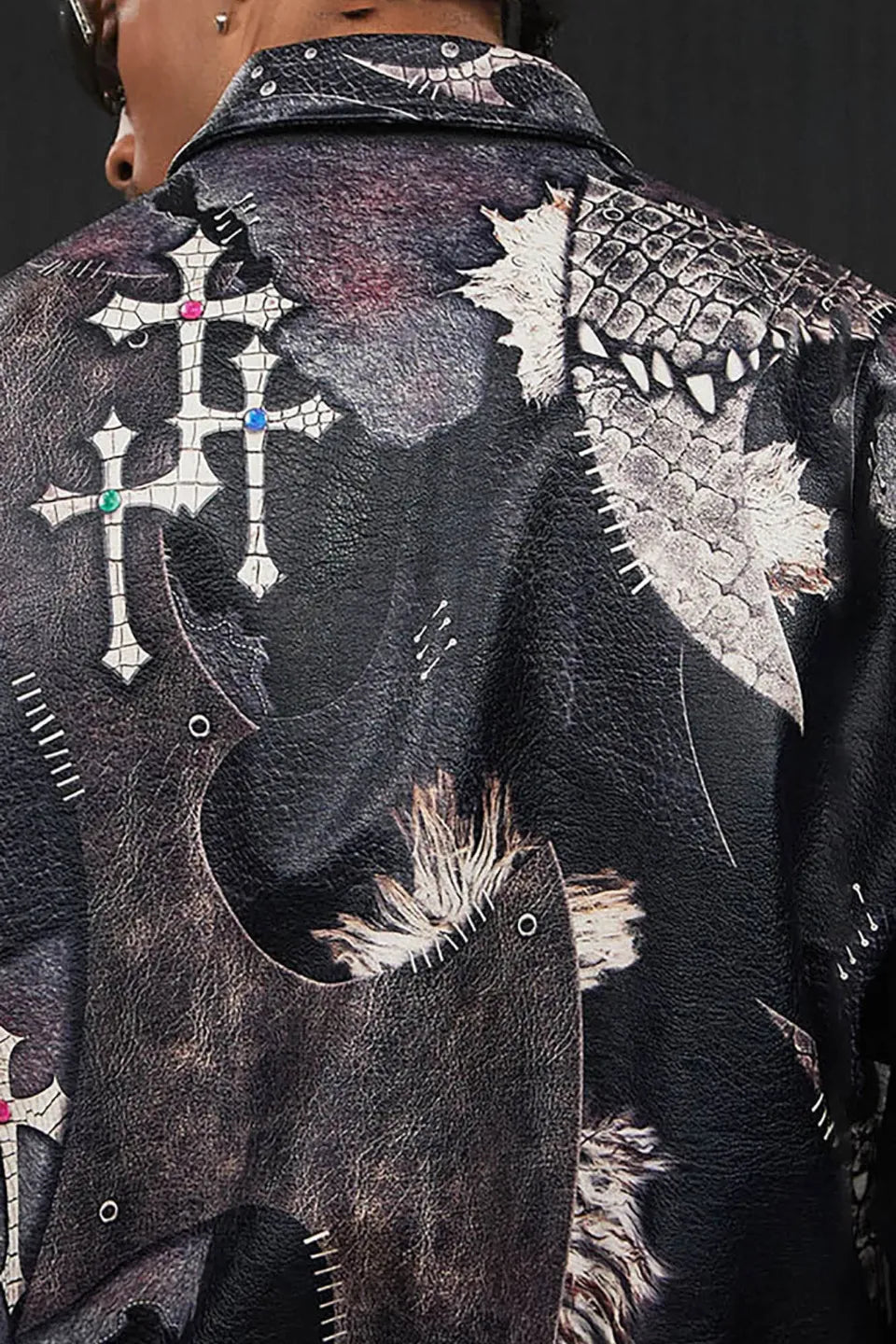 Cross Spliced Pythonskin Faux Leather Puffer Jacket
