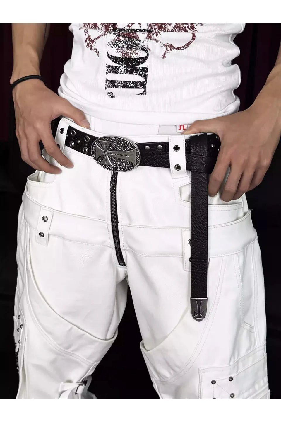 Cross Studded Eyelet Elephant Leather Belt