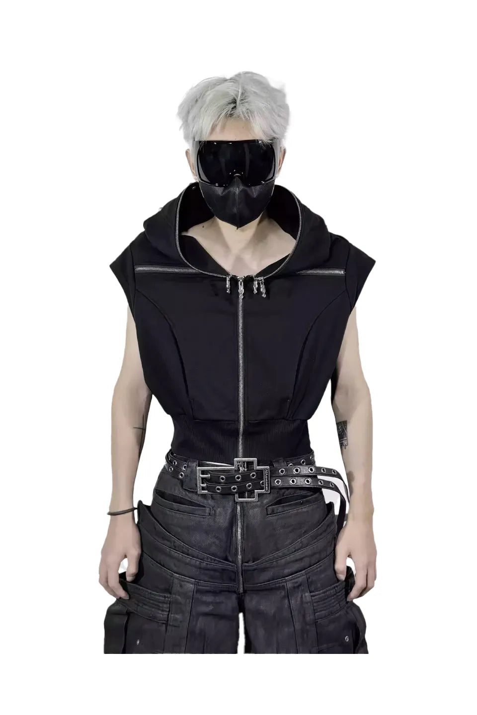 Cross Zip Connected Shoulder Armor Hoodie