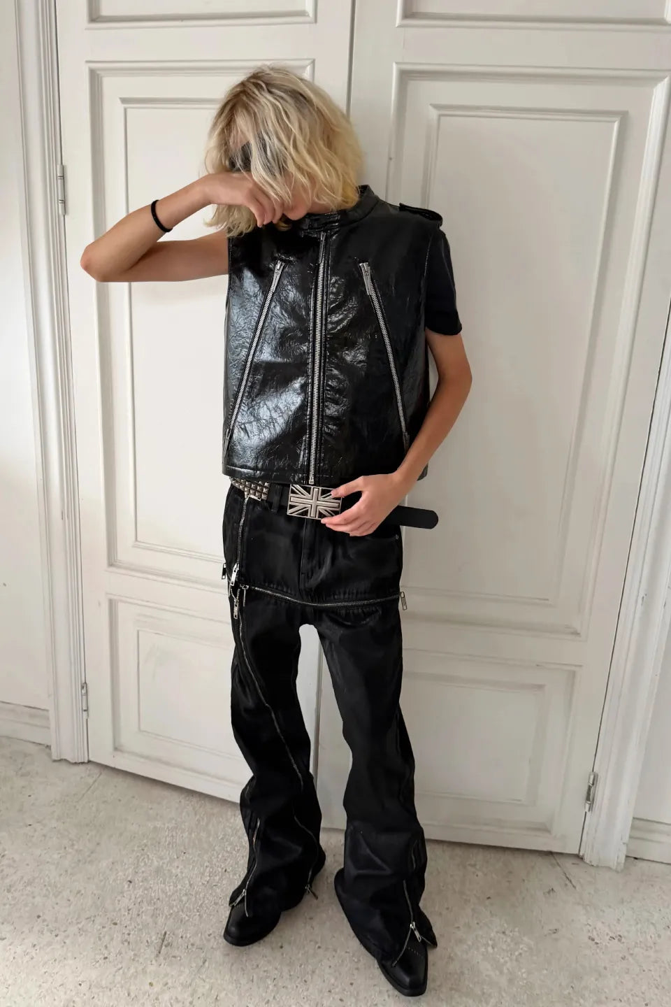Cross Stitch Zip Waxed Denim Flare Pants