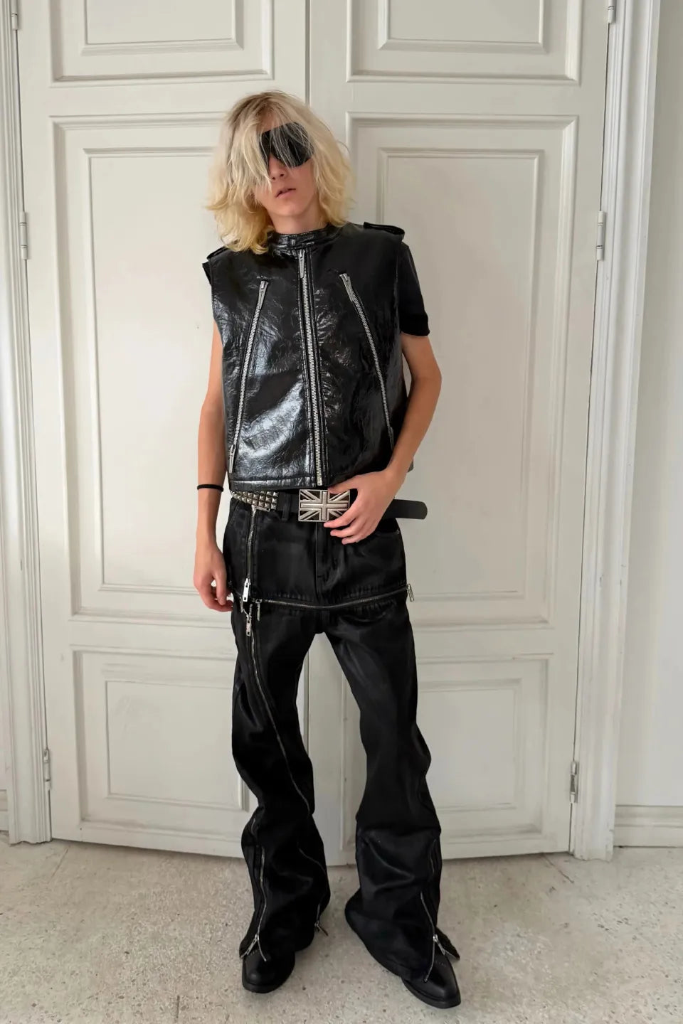 Cross Stitch Zip Waxed Denim Flare Pants