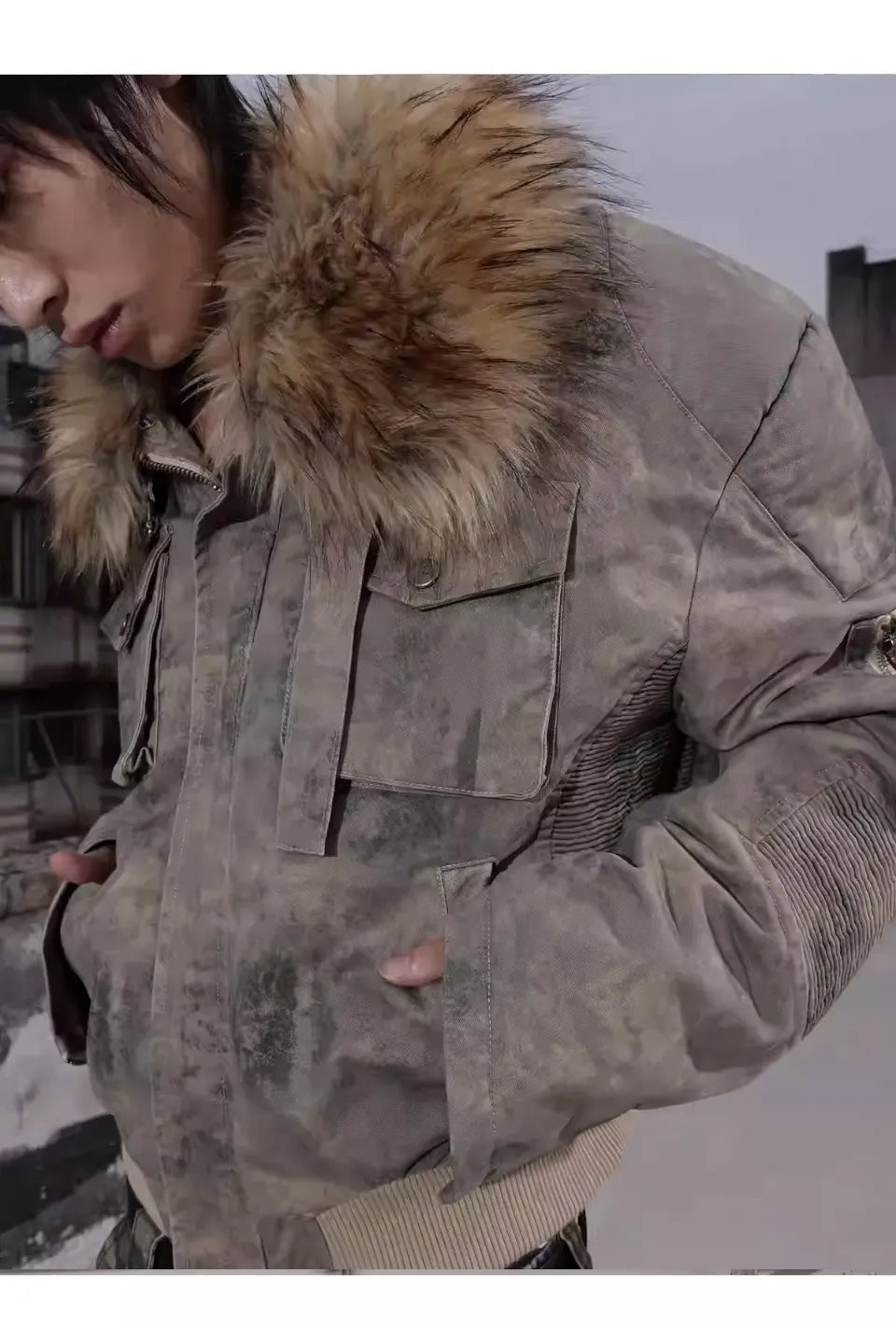 Curved Knife Short Fur Collar Camouflage Bomber Jacket