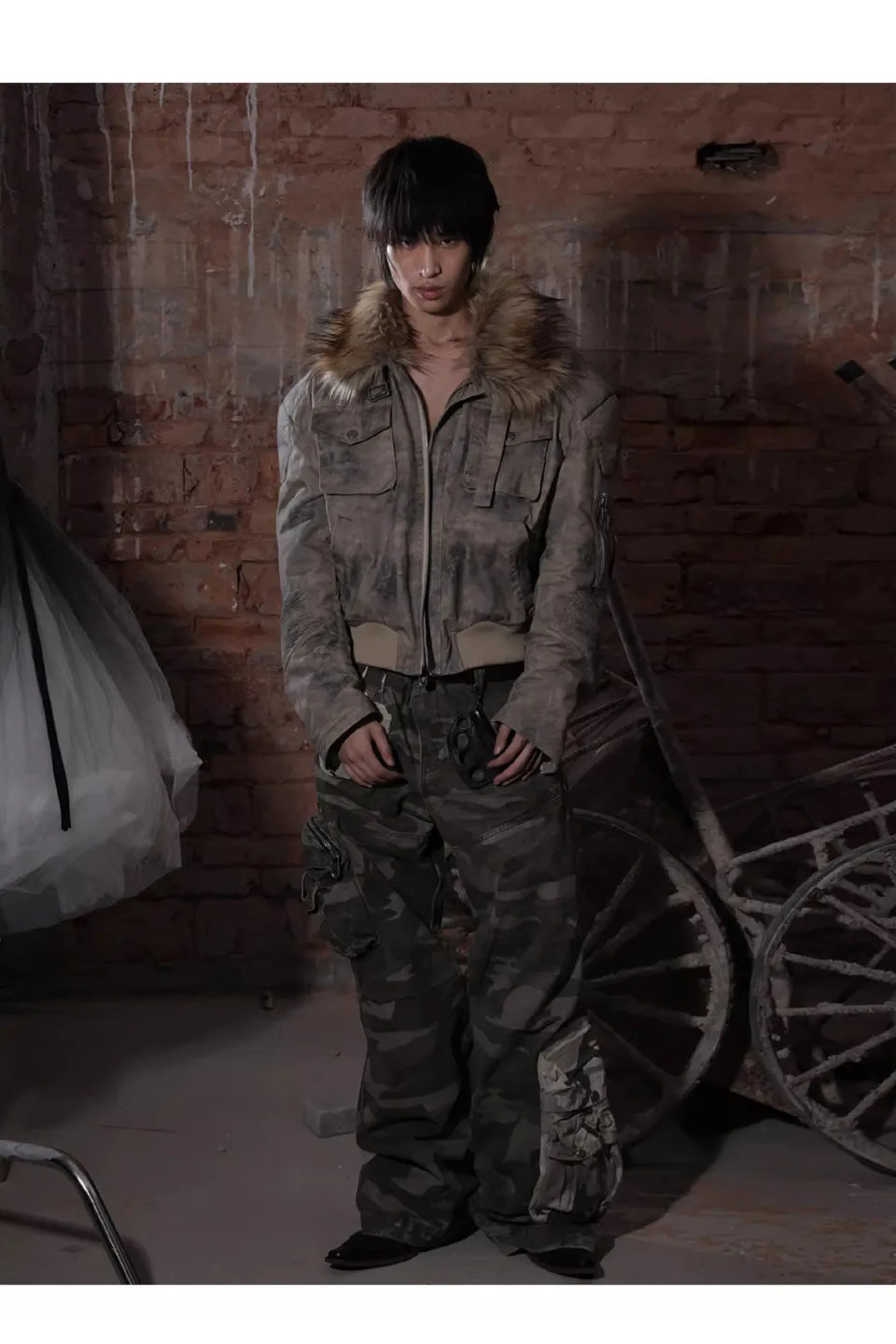 Curved Knife Short Fur Collar Camouflage Bomber Jacket