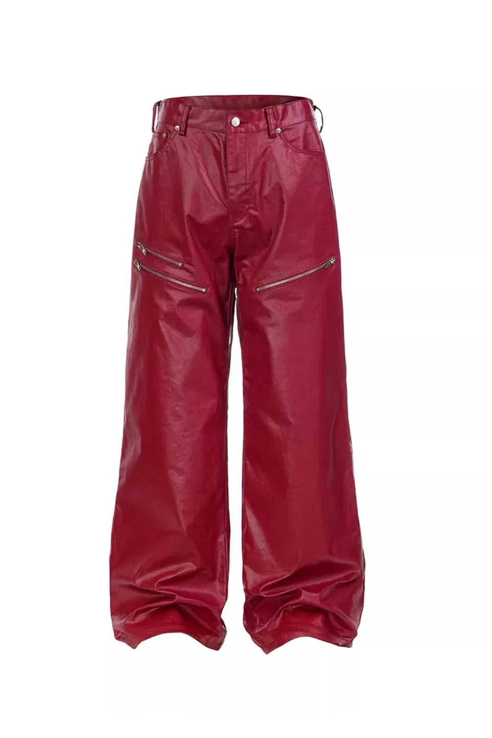 REBEL WAVE Liquid Metal Red Straight Leg Wax Pants - 液体金属のような赤い光沢とワックス加工が特徴のストレートパンツ正面