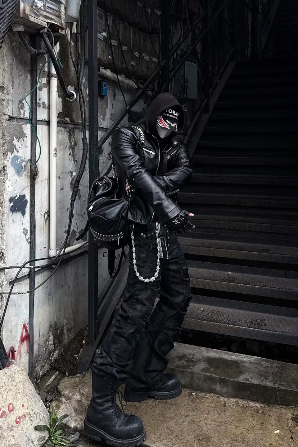 Dark Waxed Curved Biker Jeans