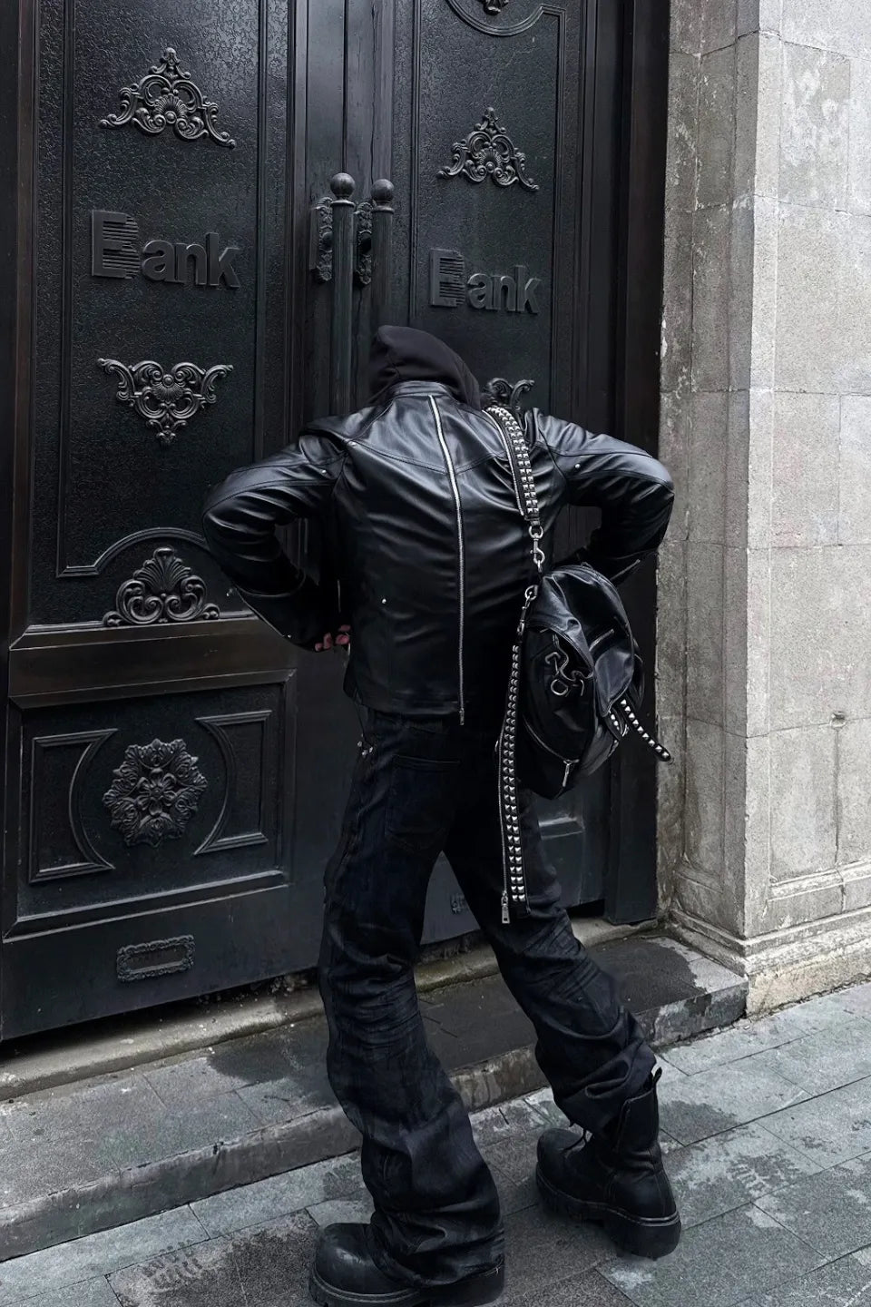 Dark Waxed Curved Biker Jeans