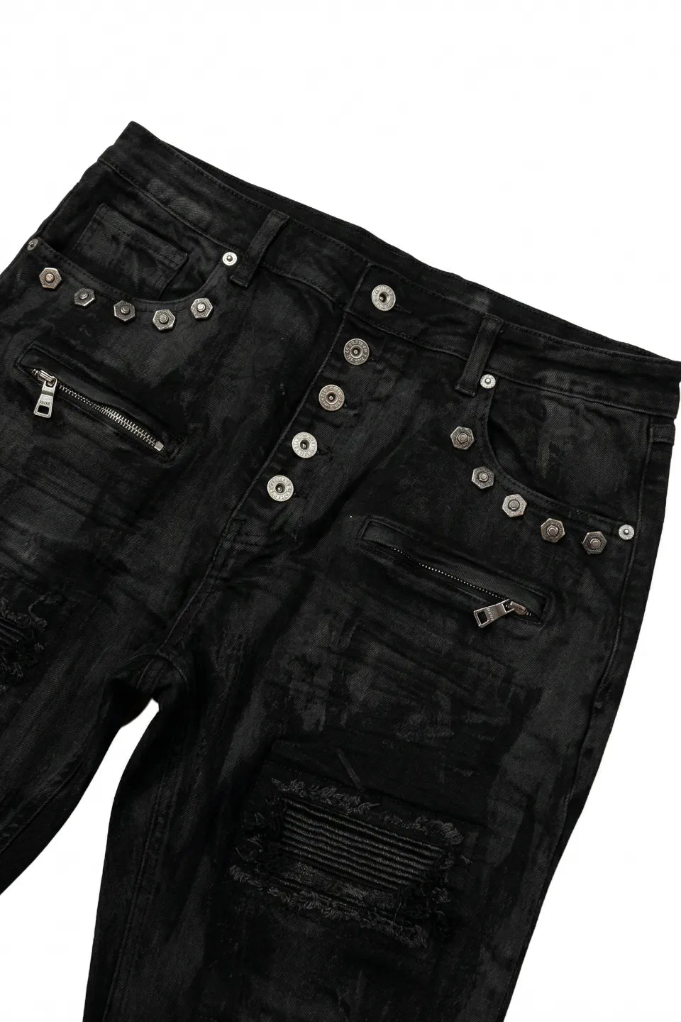 Dark Waxed Curved Biker Jeans