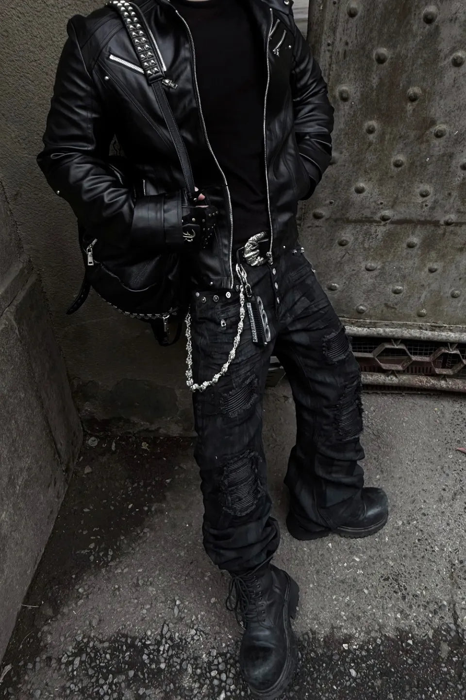 Dark Waxed Curved Biker Jeans