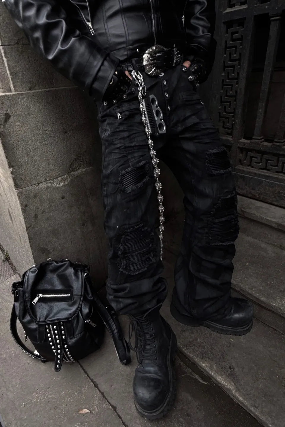 Dark Waxed Curved Biker Jeans