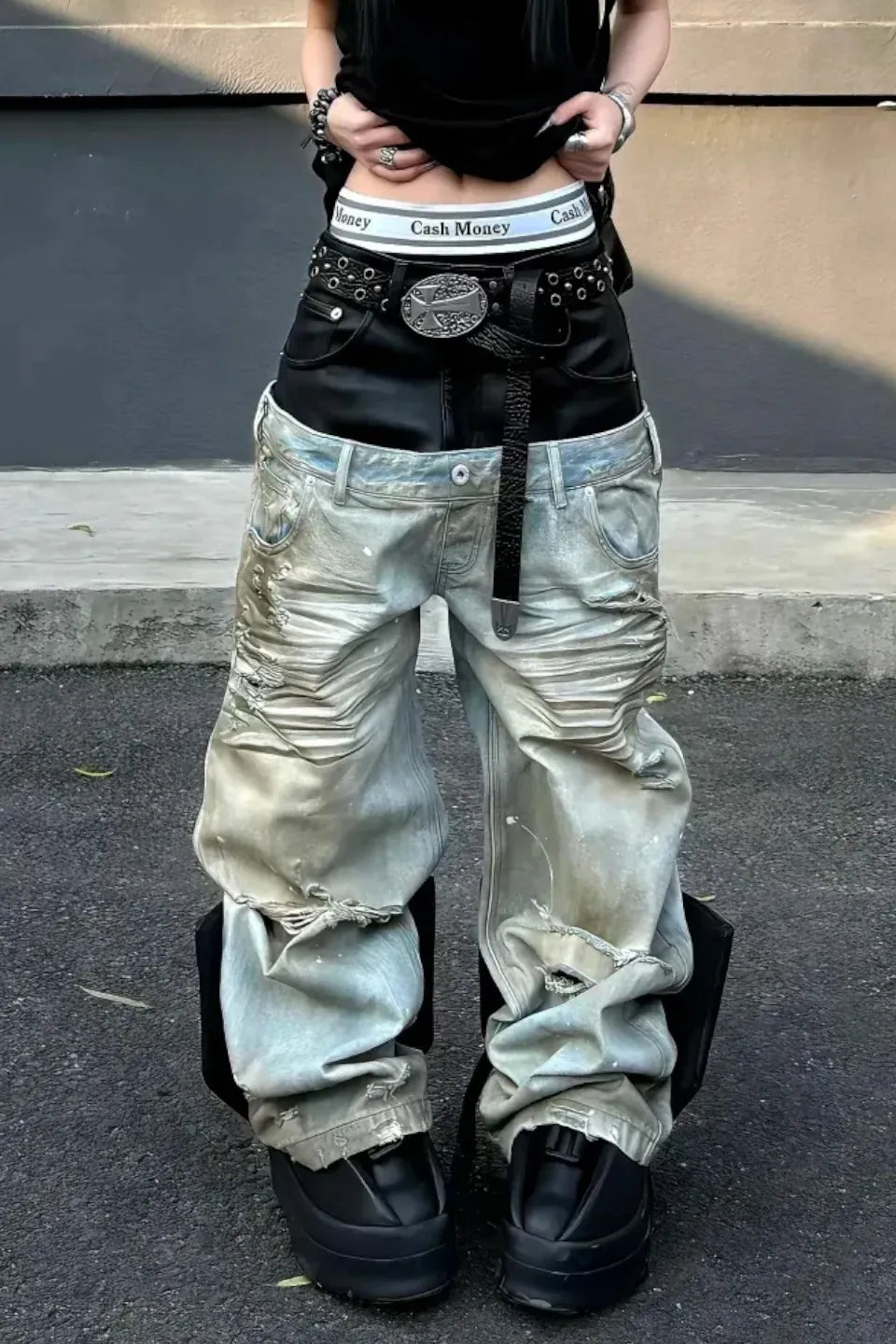 Destroyed PU Patch Double Waistband Jeans