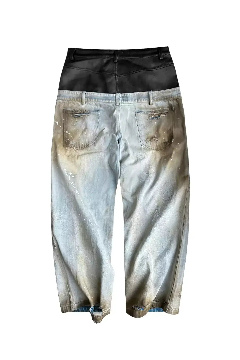 Destroyed PU Patch Double Waistband Jeans