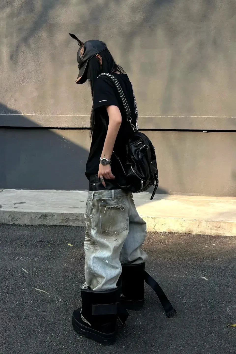 Destroyed PU Patch Double Waistband Jeans