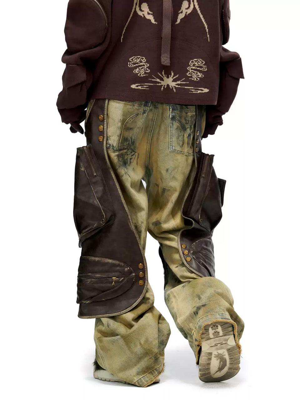 Detachable Leather Panel Oxidized Jeans