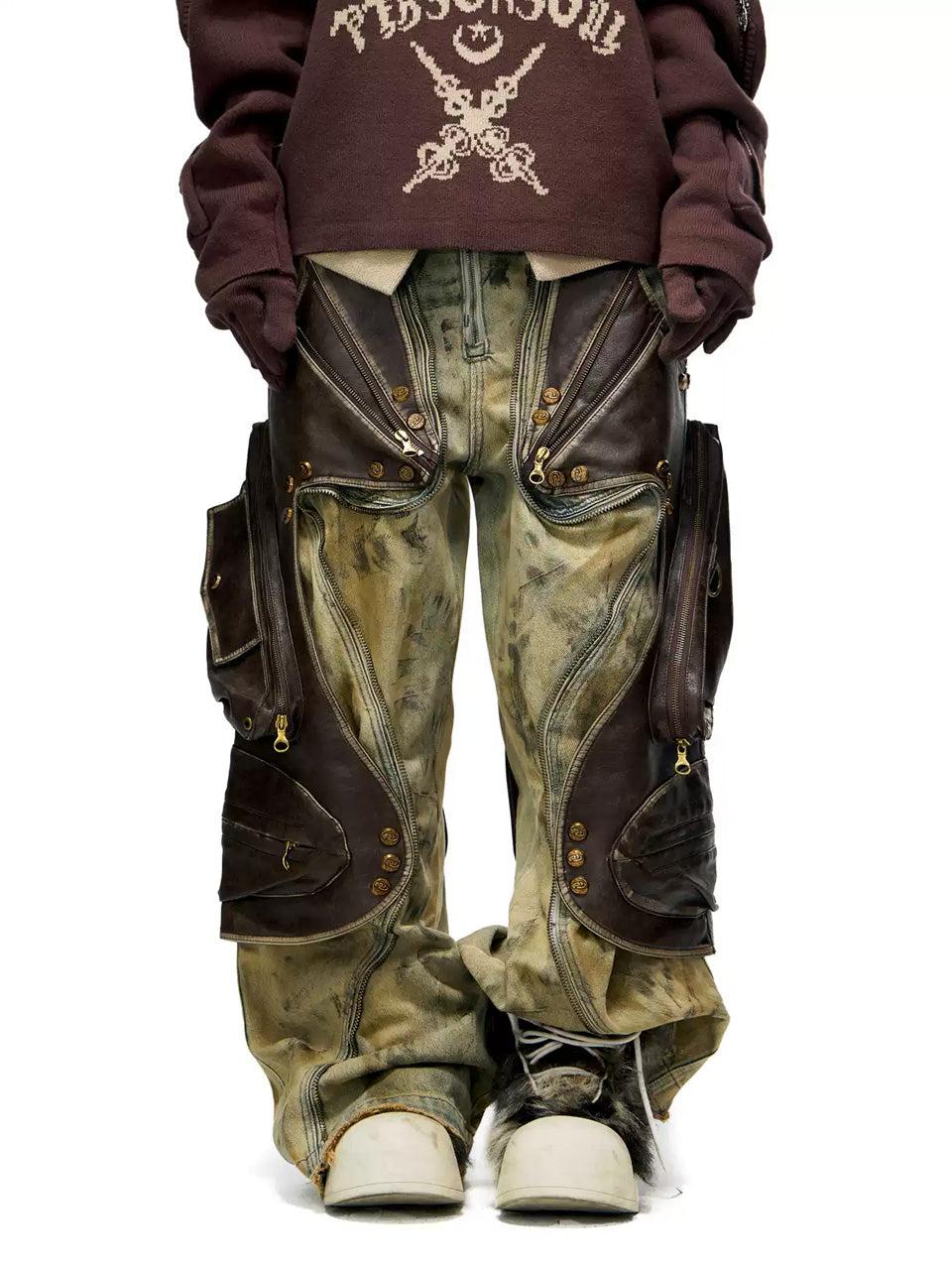 Detachable Leather Panel Oxidized Jeans