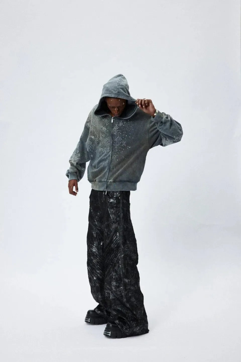 Diamond Distressed Zip Up Hoodie